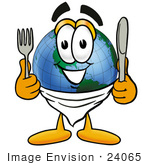 #24065 Clip Art Graphic Of A World Globe Cartoon Character Holding A Knife And Fork