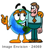 #24069 Clip Art Graphic Of A World Globe Cartoon Character Talking To A Business Man