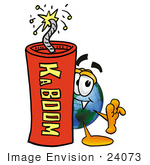 #24073 Clip Art Graphic Of A World Globe Cartoon Character Standing With A Lit Stick Of Dynamite