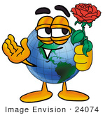 #24074 Clip Art Graphic Of A World Globe Cartoon Character Holding A Red Rose On Valentines Day