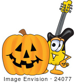 #24077 Clip Art Graphic Of A Yellow Electric Guitar Cartoon Character With A Carved Halloween Pumpkin