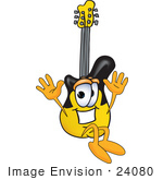 #24080 Clip Art Graphic Of A Yellow Electric Guitar Cartoon Character Jumping