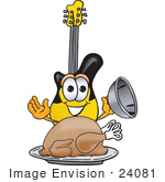 #24081 Clip Art Graphic Of A Yellow Electric Guitar Cartoon Character Serving A Thanksgiving Turkey On A Platter