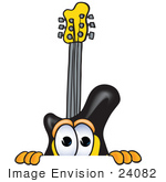 #24082 Clip Art Graphic Of A Yellow Electric Guitar Cartoon Character Peeking Over A Surface