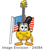#24084 Clip Art Graphic Of A Yellow Electric Guitar Cartoon Character Pledging Allegiance To An American Flag