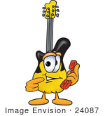 #24087 Clip Art Graphic Of A Yellow Electric Guitar Cartoon Character Holding A Telephone