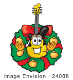 #24088 Clip Art Graphic Of A Yellow Electric Guitar Cartoon Character In The Center Of A Christmas Wreath