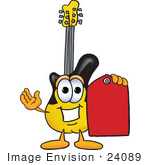 #24089 Clip Art Graphic of a Yellow Electric Guitar Cartoon Character Holding a Red Sales Price Tag by toons4biz
