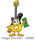 #24090 Clip Art Graphic Of A Yellow Electric Guitar Cartoon Character Holding A Dollar Bill