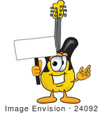#24092 Clip Art Graphic Of A Yellow Electric Guitar Cartoon Character Holding A Blank Sign