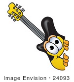 #24093 Clip Art Graphic Of A Yellow Electric Guitar Cartoon Character Peeking Around A Corner
