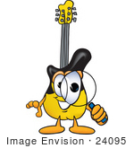 #24095 Clip Art Graphic Of A Yellow Electric Guitar Cartoon Character Looking Through A Magnifying Glass