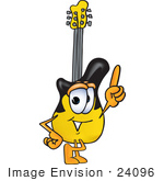 #24096 Clip Art Graphic Of A Yellow Electric Guitar Cartoon Character Pointing Upwards