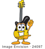 #24097 Clip Art Graphic Of A Yellow Electric Guitar Cartoon Character Waving And Pointing
