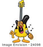 #24098 Clip Art Graphic Of A Yellow Electric Guitar Cartoon Character Singing Loud Into A Microphone