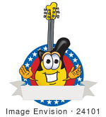 #24101 Clip Art Graphic Of A Yellow Electric Guitar Cartoon Character Label With Stars