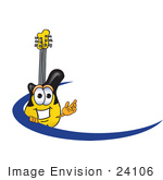 #24106 Clip Art Graphic Of A Yellow Electric Guitar Cartoon Character Logo With A Blue Dash