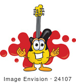 #24107 Clip Art Graphic Of A Yellow Electric Guitar Cartoon Character Logo With Red Paint Splatters