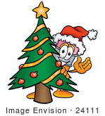 #24111 Clip Art Graphic Of A Yellow Number 2 Pencil With An Eraser Cartoon Character Waving And Standing By A Decorated Christmas Tree
