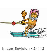 #24112 Clip Art Graphic Of A Yellow Number 2 Pencil With An Eraser Cartoon Character Waving While Water Skiing