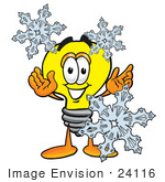 #24116 Clip Art Graphic Of A Yellow Electric Lightbulb Cartoon Character With Three Snowflakes In Winter