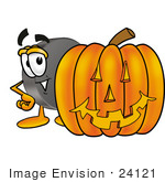#24121 Clip Art Graphic Of An Ice Hockey Puck Cartoon Character With A Carved Halloween Pumpkin