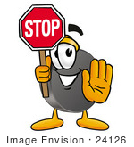#24126 Clip Art Graphic Of An Ice Hockey Puck Cartoon Character Holding A Stop Sign
