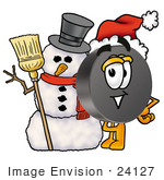 #24127 Clip Art Graphic Of An Ice Hockey Puck Cartoon Character With A Snowman On Christmas