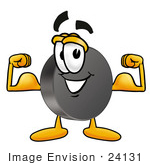 #24131 Clip Art Graphic Of An Ice Hockey Puck Cartoon Character Flexing His Arm Muscles