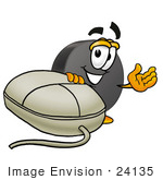 #24135 Clip Art Graphic Of An Ice Hockey Puck Cartoon Character With A Computer Mouse