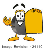 #24140 Clip Art Graphic Of An Ice Hockey Puck Cartoon Character Holding A Yellow Sales Price Tag