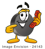 #24143 Clip Art Graphic Of An Ice Hockey Puck Cartoon Character Holding A Telephone