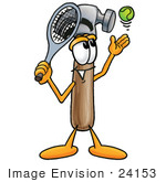#24153 Clip Art Graphic of a Hammer Tool Cartoon Character Preparing to Hit a Tennis Ball by toons4biz