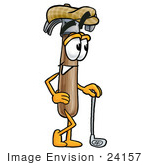 #24157 Clip Art Graphic Of A Hammer Tool Cartoon Character Leaning On A Golf Club While Golfing