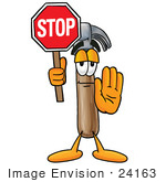 #24163 Clip Art Graphic Of A Hammer Tool Cartoon Character Holding A Stop Sign