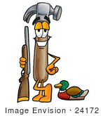 #24172 Clip Art Graphic Of A Hammer Tool Cartoon Character Duck Hunting Standing With A Rifle And Duck