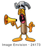 #24173 Clip Art Graphic Of A Hammer Tool Cartoon Character Screaming Into A Megaphone