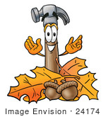 #24174 Clip Art Graphic Of A Hammer Tool Cartoon Character With Autumn Leaves And Acorns In The Fall