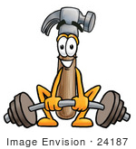 #24187 Clip Art Graphic Of A Hammer Tool Cartoon Character Lifting A Heavy Barbell