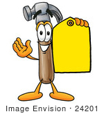 #24201 Clip Art Graphic Of A Hammer Tool Cartoon Character Holding A Yellow Sales Price Tag