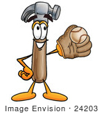 #24203 Clip Art Graphic Of A Hammer Tool Cartoon Character Catching A Baseball With A Glove