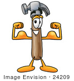 #24209 Clip Art Graphic Of A Hammer Tool Cartoon Character Flexing His Arm Muscles