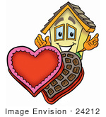 #24212 Clip Art Graphic Of A Yellow Residential House Cartoon Character With An Open Box Of Valentines Day Chocolate Candies