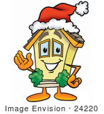 #24220 Clip Art Graphic Of A Yellow Residential House Cartoon Character Wearing A Santa Hat And Waving