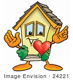 #24221 Clip Art Graphic Of A Yellow Residential House Cartoon Character With His Heart Beating Out Of His Chest
