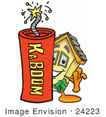 #24223 Clip Art Graphic Of A Yellow Residential House Cartoon Character Standing With A Lit Stick Of Dynamite
