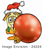 #24224 Clip Art Graphic Of A Yellow Residential House Cartoon Character Wearing A Santa Hat Standing With A Christmas Bauble