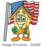 #24229 Clip Art Graphic Of A Yellow Residential House Cartoon Character Pledging Allegiance To An American Flag