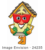 #24235 Clip Art Graphic Of A Yellow Residential House Cartoon Character Wearing A Red Mask Over His Face