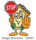#24237 Clip Art Graphic Of A Yellow Residential House Cartoon Character Holding A Stop Sign